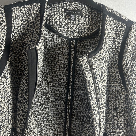 Saks Fifth Avenue Black White Tweed Collarless Zip Front Jacket Blazer‎ Womens 4 - Picture 4 of 8
